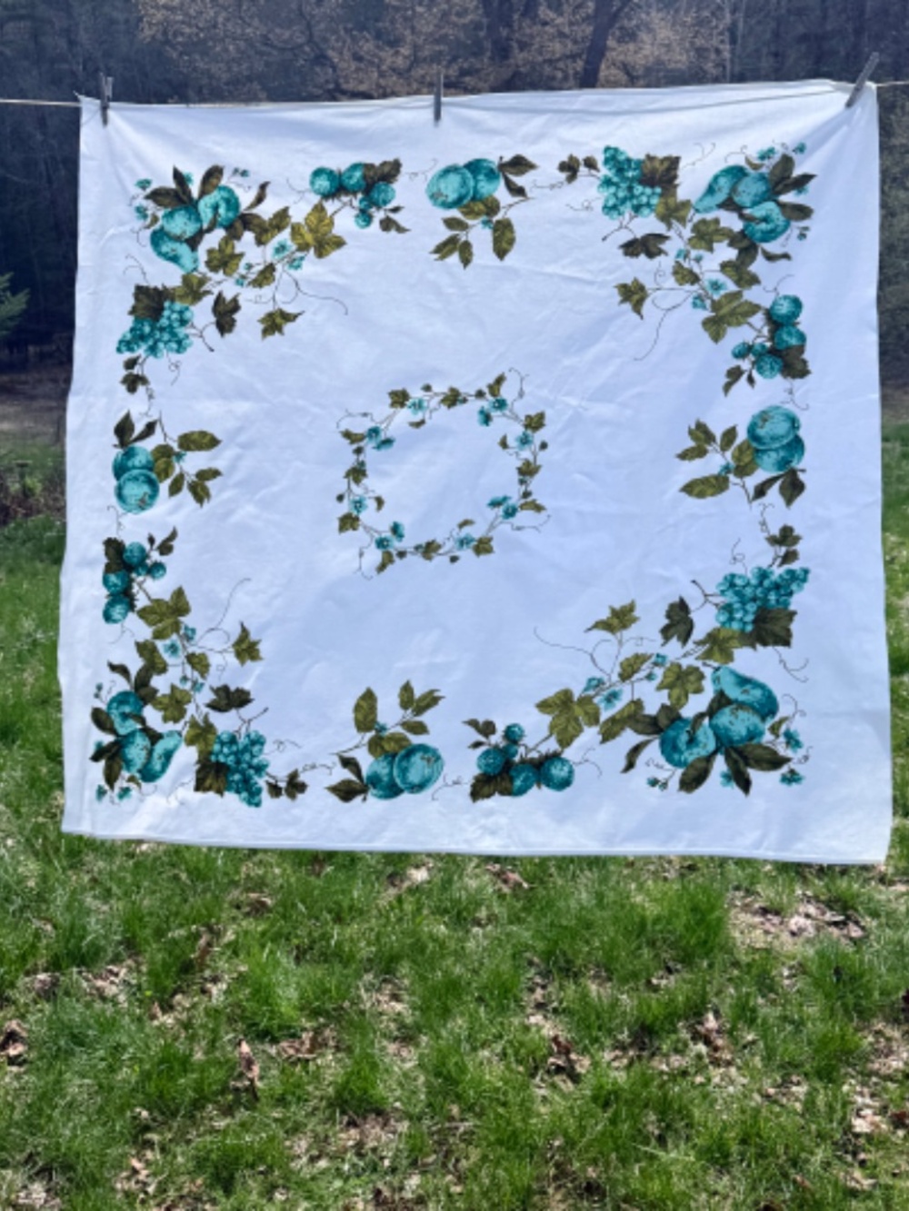 Vintage 1950s Turquoise Fruit Tablecloth Square Cotton 52 X 49in Excellent